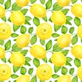 Watercolor lemon with leaves seamless pattern. Hand drawn botanical illustration of yellow citrus fruits isolated on