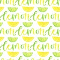 Watercolor lemon and lime seamless pattern with calligraphy. Bright background for menu design or marmalade packaging.