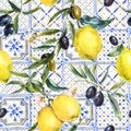 Watercolor lemon, olive branches ornament seamless pattern Royalty Free Stock Photo