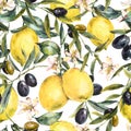 Watercolor lemon and olive branches seamless pattern Royalty Free Stock Photo