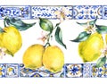Watercolor lemon ornament seamless border