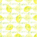 Watercolor lemon seamless pattern with calligraphy. Bright background for menu design or lemonade packaging. Royalty Free Stock Photo