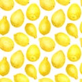 Watercolor lemon seamless pattern. Hand drawn botanical illustration of yellow citrus fruits isolated on white background. Design