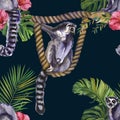 Watercolor lemurs on a rope tropical wildlife seamless pattern. Hand Drawn jungle nature, lemur