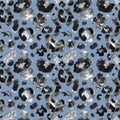 Trendy leopard or cheetah skin seamless pattern. Wild animal coat print on blue background