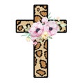 Watercolor Leopard Easter floral cross clipart on a white background