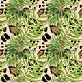 Leopard skin seamless pattern and green tropcal leaf on peach pink background. Watercolor illustration Royalty Free Stock Photo