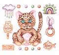 Watercolor leopard on a white background with boho-style toys Royalty Free Stock Photo