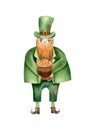 Watercolor leprechaun illustration. Cartoon character in green camisole and silk hat with cauldron with gold for St Patrick day