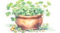 Watercolor leprechauns pot of gold on a rainbow backdrop Royalty Free Stock Photo