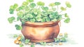 Watercolor leprechauns pot of gold on a rainbow backdrop