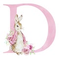 Watercolor letter D with pink Flopsy Rabbit