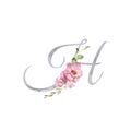 Watercolor letter H decorated with handpainted pink freesia and greenery