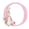 Watercolor letter O with pink Flopsy Rabbit