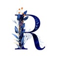 Watercolor letter r - hand painted floral monogram, logo in deep blue shades