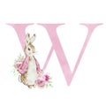 Watercolor letter W with pink Flopsy Rabbit