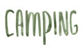 Watercolor lettering word camping, hand drawn lettering isolated on white background