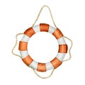 Watercolor life preserver or life-ring, hanging on rope. Nautical lifebuoy with red white stripes illustration on white Royalty Free Stock Photo