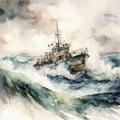 Watercolor Life Rescue Nautical Ship Coastal in the Ocean Seascape Painting Generative AI Illustration