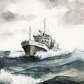 Watercolor Life Rescue Nautical Ship Coastal in the Ocean Seascape Painting Generative AI Illustration