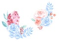 Watercolor light-blue gentle compositions of flowers hand drawn on white background