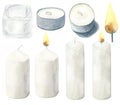 Watercolor light candles with flame and glass candlestick set. Hand drawn traditional elements of home decoration, cosiness,