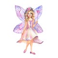 Watercolor light pink fairy with light purple wings and with a magic wand with a heart in his hand. Watercolor hand draw Royalty Free Stock Photo