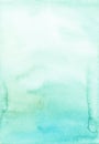 Watercolor light turquoise gradient background painting. Stains on paper. Pastel soft backdrop