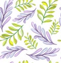 Watercolor Light Violet And Green Leaves Seamless Pattern