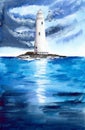 Watercolor lighthouse on the rocky island with seagulls