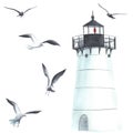 Watercolor lighthouse and seagulls