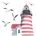 Watercolor lighthouse and seagulls