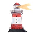 Watercolor lighthouse with white and red stripes