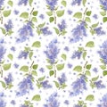 Watercolor lilac flowers and leaves. Seamless pattern isolated on a white background. Royalty Free Stock Photo