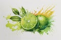 Watercolor lime on the background of leaves and watercolor stains, splashes of juice and leaves.