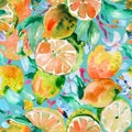 Watercolor Lime, Grapefruit Seamless Pattern, Summer Vivid Fruits Botanical Texture