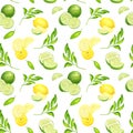 Watercolor lime and lemon with leaves seamless pattern. Hand painted fresh green and yellow citrus fruit illustration isolated on Royalty Free Stock Photo