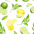 Watercolor lime and lemon with leaves seamless pattern. Hand painted fresh green and yellow citrus fruit illustration Royalty Free Stock Photo