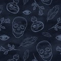 Watercolor line seamless skull pattern. Halloween design. Royalty Free Stock Photo