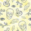 Watercolor line seamless skull pattern. Halloween design. Royalty Free Stock Photo