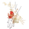 Watercolor linear card of hands and flowers. Hand painted abstract composition isolated on white background