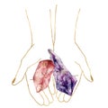 Watercolor linear card of hands and gemstones. Hand painted abstract composition of quartz, amethyst isolated on white