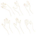 Watercolor linear gold set of hands poses. Hand painted abstract fingers shapes isolated on white background