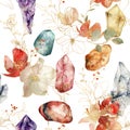 Watercolor linear seamless pattern of gemstones and flowers. Hand painted abstract composition isolated on white