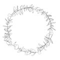 Watercolor linear wreath of eucalyptus leaves, branches and seeds. Hand painted silver dollar plants isolated on white