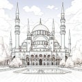 Watercolor liner sketch of an ancient temple in Turkish style, a testament to architectural beauty