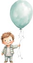 Watercolor Little Baby Floating with Balloons Nursery Happy kid outdoor Birthday Invitation Girl Boy