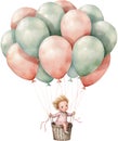 Watercolor Little Baby Floating with Balloons Nursery Happy kid outdoor Birthday Invitation Girl Boy