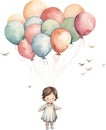 Watercolor Little Baby Floating with Balloons Nursery Happy kid outdoor Birthday Invitation Girl Boy