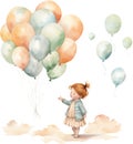 Watercolor Little Baby Floating with Balloons Nursery Happy kid outdoor Birthday Invitation Girl Boy